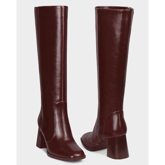 ⚡Women's Burgundy Knee High Boots Square Toe Chunky Heel Side Zipper Rhinestone - Picture 6 of 9